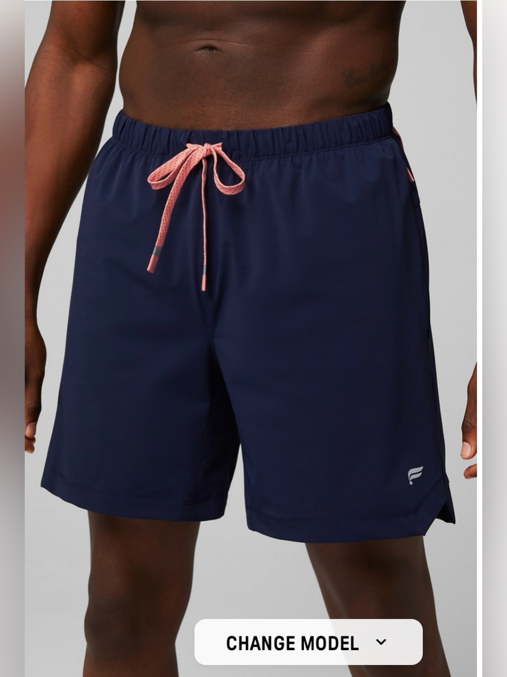 Fabletics men’s Navy Athletic Swim Shorts with Pink Drawstring; size medium